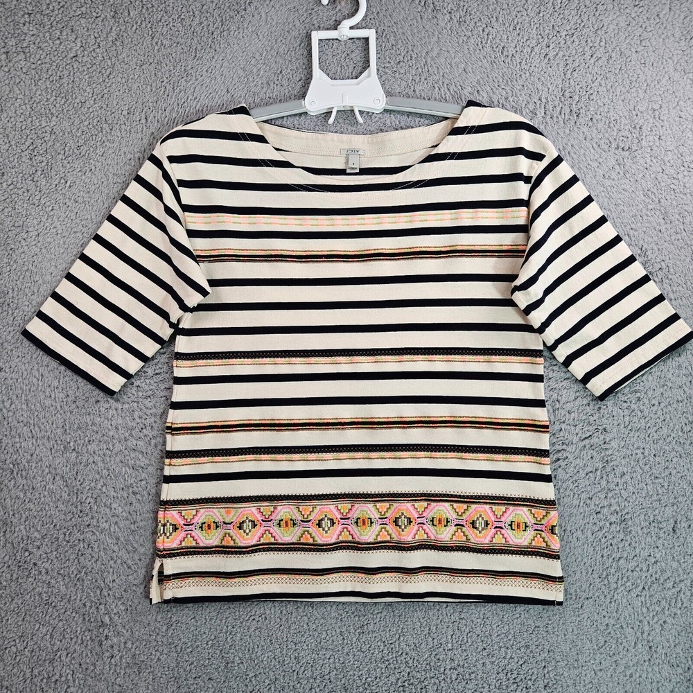 J‎ Crew Top Blouse Women Small Tribal Embroidered Cream Black Striped - S